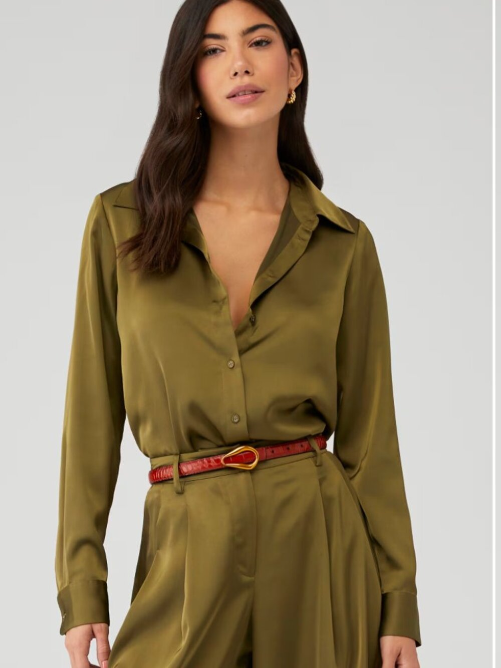 Cami NYC Ambar Satin Button Up Blouse Fern Olive Green XS